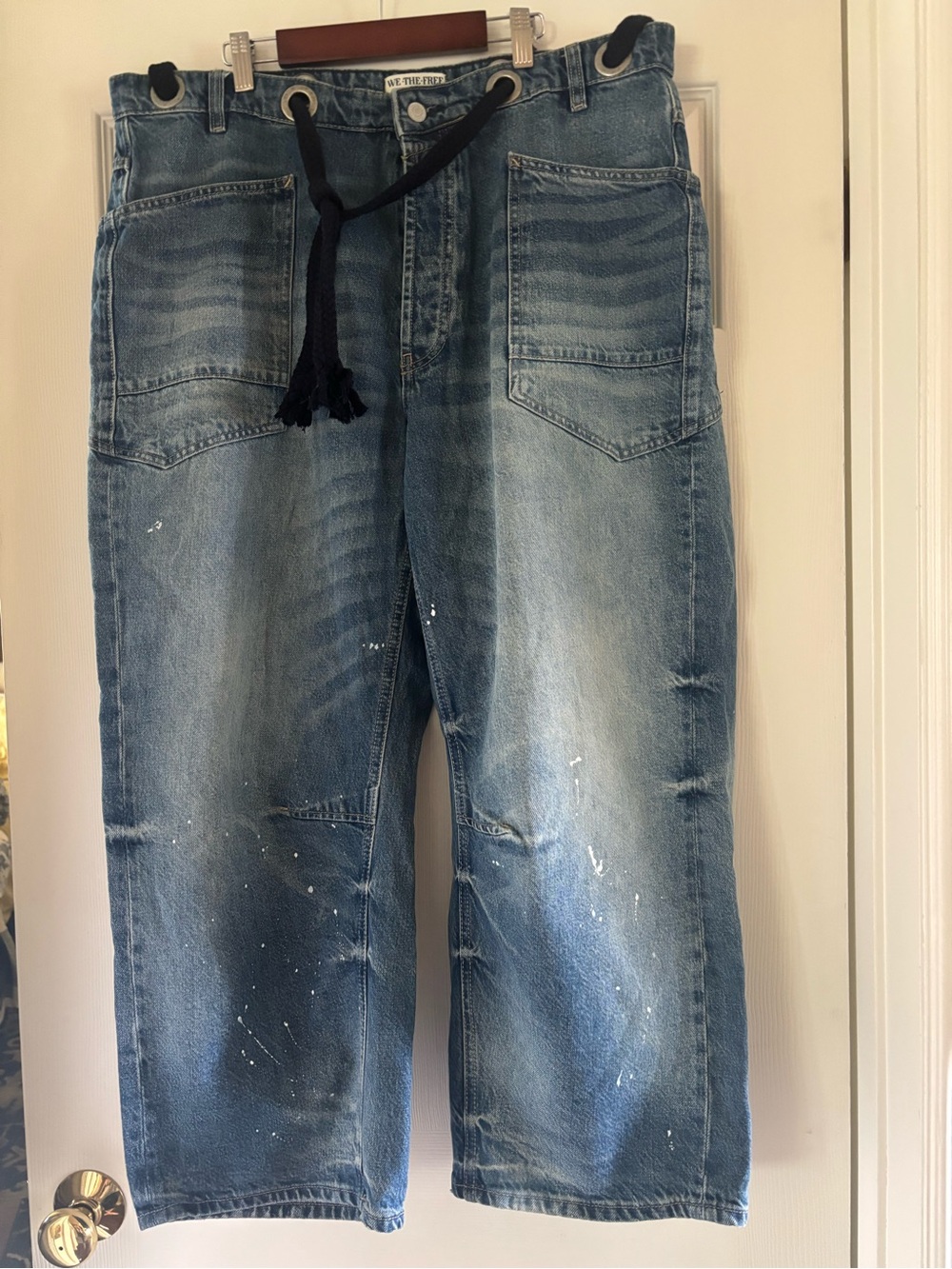 Free People Light Blue Washed Relaxed Denim Jeans with Black Drawcord